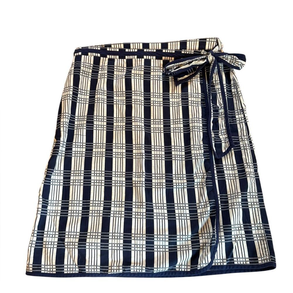 LL Bean Cotton Wrap Skirt Navy Blue White Plaid Womens Size 12
